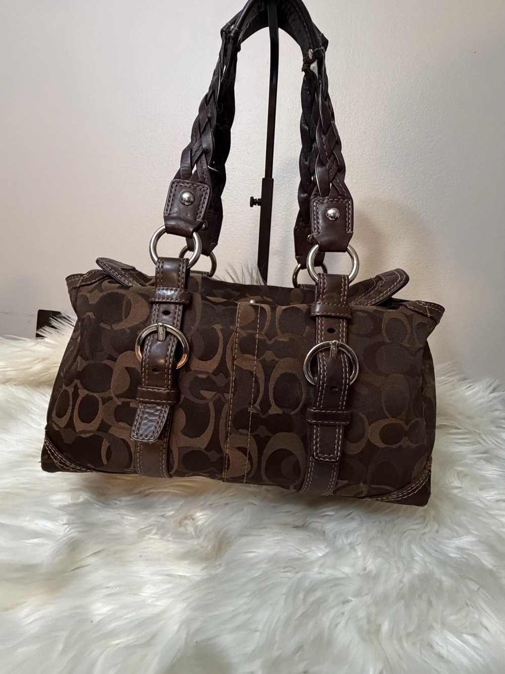 Coach Brown Signature Jacquard Shoulder Bag with Braided Straps
